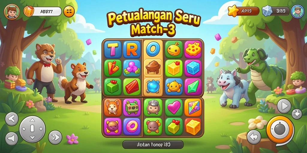 Tampilan dinamis gameplay Match-3 yang seru dan menarik.