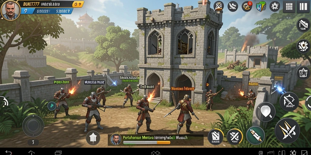 Screenshot gameplay BUKIT777 yang menunjukkan pertempuran menara yang intens.