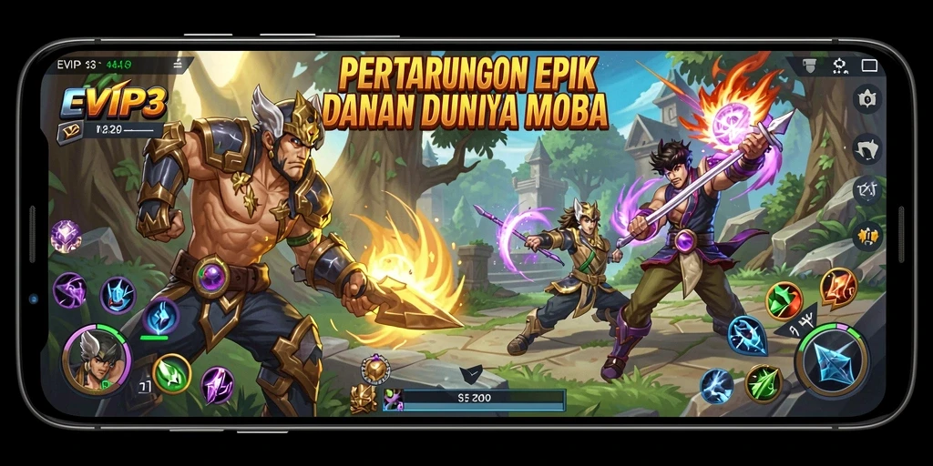 Screenshot menampilkan aksi intens dalam pertandingan EVIP3 MOBA.
