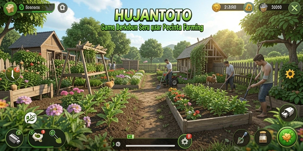 Tampilan gameplay HUJANTOTO menampilkan ladang yang subur dan penuh warna.