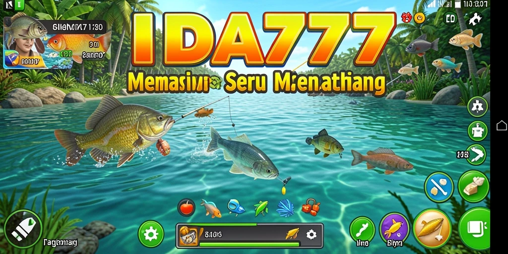 Tampak depan gameplay IDA777 dengan karakter memancing dan ikan yang beragam.