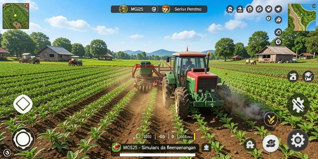 Tampilan gameplay MG525 yang menarik dan berwarna-warni dalam pertanian.