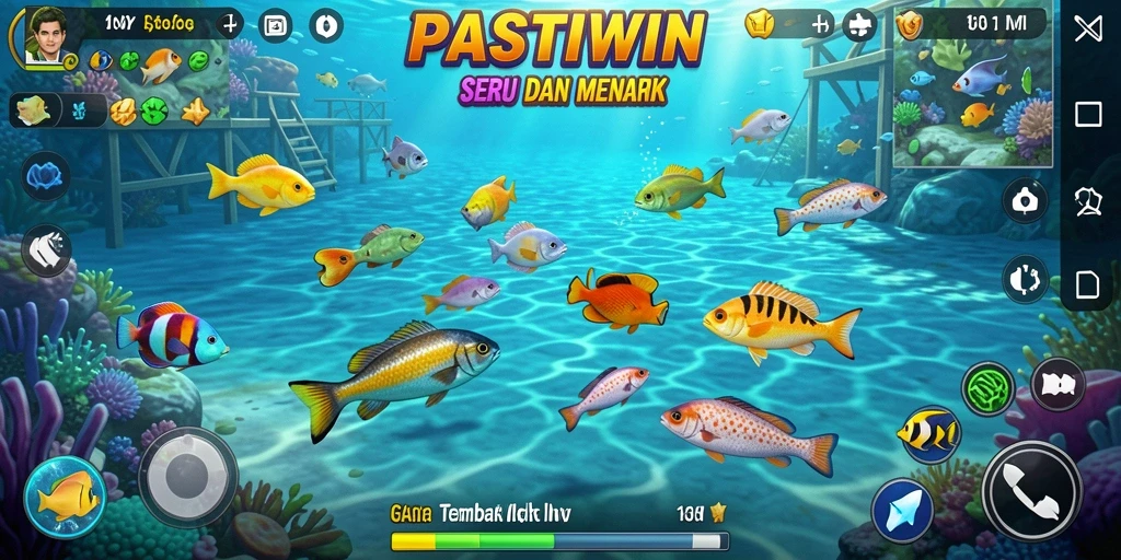 Gameplay seru PASTIWIN dengan ikan berwarna-warni.