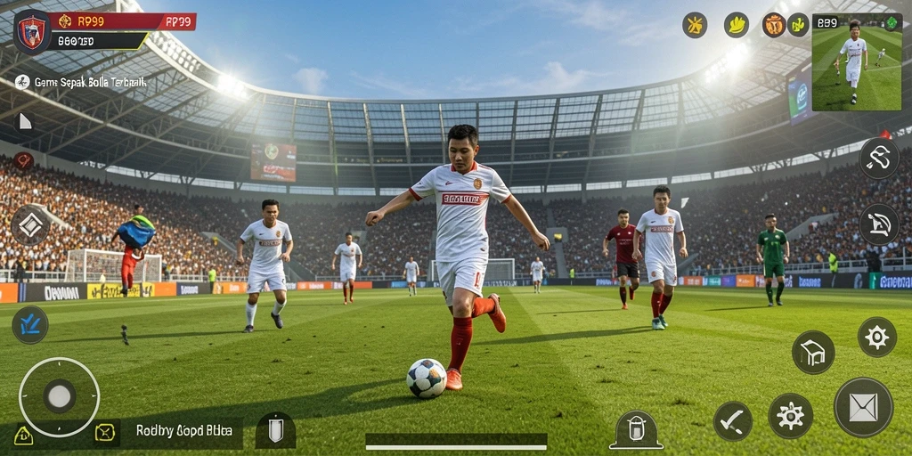 Tampilan tangkapan layar gameplay RP99 dengan aksi sepak bola seru.