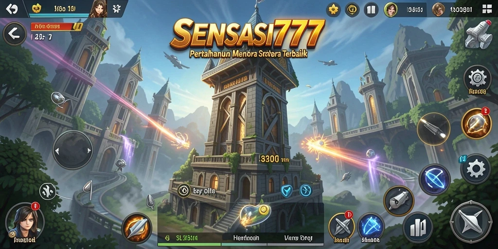 Screenshot gameplay SENSASI777 yang menampilkan pertempuran Tower Defense yang seru.